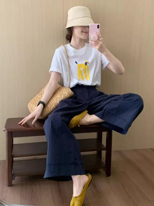 Chic White Printed T-Shirt And Pants Set Women's Fashionable Summer Korean Style Two-Piece Suit High Waist Commute Casual
Chic White Printed T-Shirt And Pants Set Women's Fashionable Summer Korean Style Two-Piece Suit High Waist Commute Casual