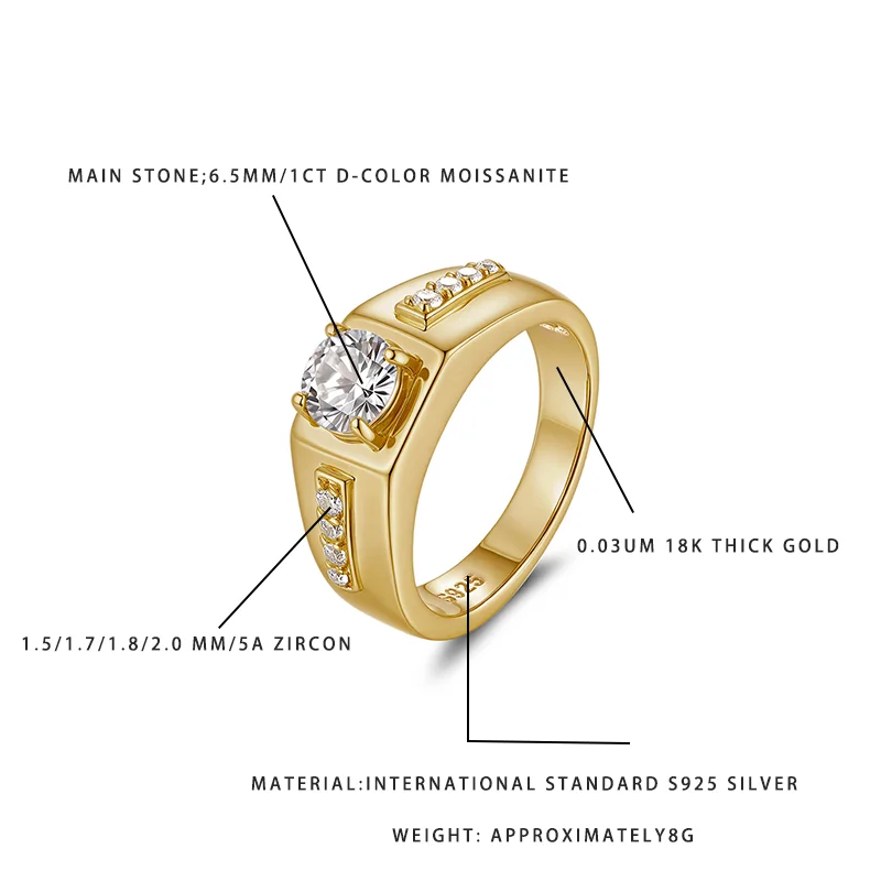 Affordable 1CT D-Color Moissanite Men Ring, 0.03UM 18K Gold Plated 925 Silver, Zircon Inlaid Luxury Engagement Wedding Band Jewe
Affordable 1CT D-Color Moissanite Men Ring, 0.03UM 18K Gold Plated 925 Silver, Zircon Inlaid Luxury Engagement Wedding Band Jewe