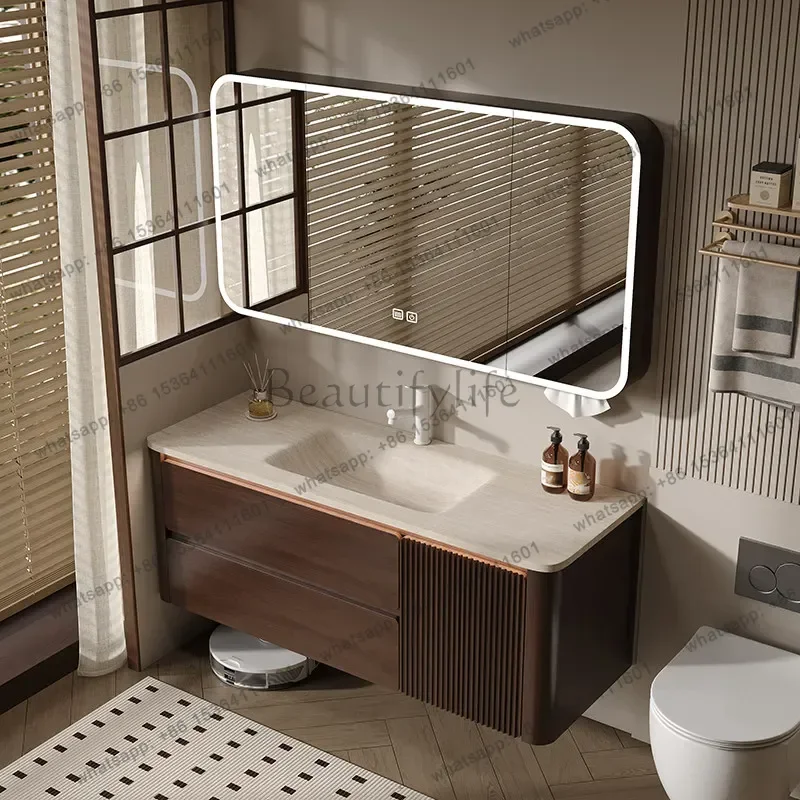 Mid-style walnut bathroom cabinet combination ceramic slate hot bending integrated intelligent washbasin cabinet
Mid-style walnut bathroom cabinet combination ceramic slate hot bending integrated intelligent washbasin cabinet