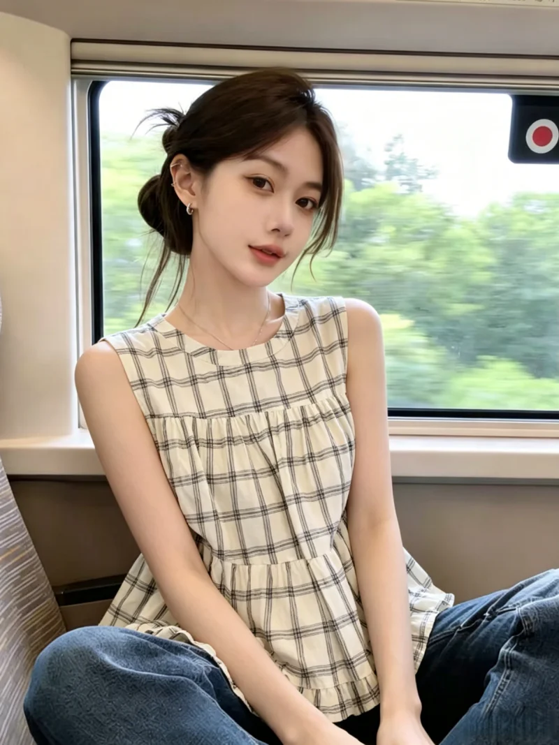 Retro Plaid round Neck Sleeveless Shirt Women's Summer New Style Elegant Youthful Top Korean Style Straight Cut Silk Blend
Retro Plaid round Neck Sleeveless Shirt Women's Summer New Style Elegant Youthful Top Korean Style Straight Cut Silk Blend