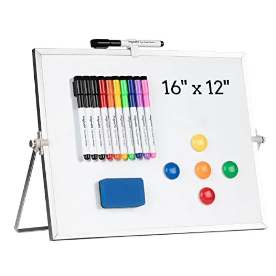 Dry Erase White Board, Magnetic Desktop Whiteboard 16 x 12inch with Stand, 10 Markers, 4 Magnets and 1 Eraser, Portable Double-
Dry Erase White Board, Magnetic Desktop Whiteboard 16 x 12inch with Stand, 10 Markers, 4 Magnets and 1 Eraser, Portable Double-
