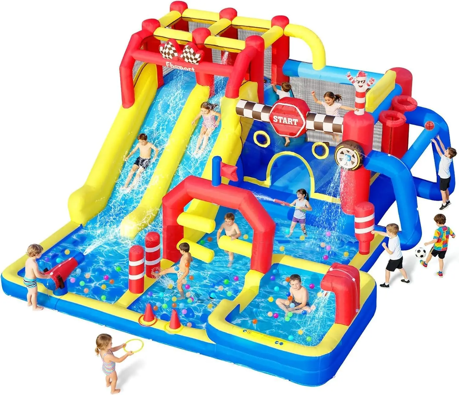 12-in-1 Inflatable Water Slide Bounce House with 750W Blower, Double Water Slides, Splash Pool, Jumping Area, Climbing Wall, Bouncy Castle for Indoor Outdoor Use
12-in-1 Inflatable Water Slide Bounce House with 750W Blower, Double Water Slides, Splash Pool, Jumping Area, Climbing Wall, Bouncy Castle for Indoor Outdoor Use