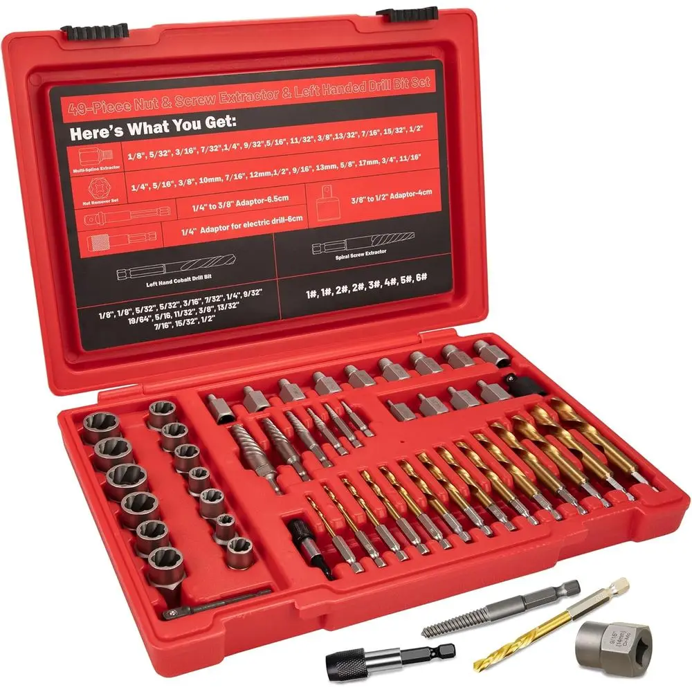 53-Piece Screw Bolt Extractor Kit with HSS Hand Drill Bits, Hex Adapter for Stripped Screws and Rusted Nuts Removal
53-Piece Screw Bolt Extractor Kit with HSS Hand Drill Bits, Hex Adapter for Stripped Screws and Rusted Nuts Removal