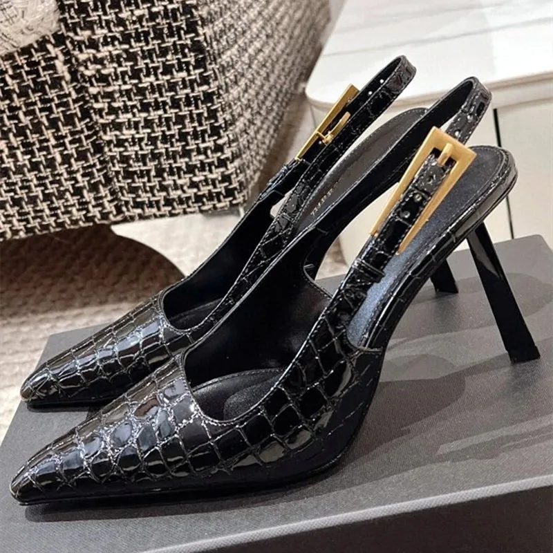 Patent Leather Pattern Thin High Heels Women Sexy Pointed Toe Metal Buckles Slingback Heeled Sandals Elegant Banquet Dress Shoes
Patent Leather Pattern Thin High Heels Women Sexy Pointed Toe Metal Buckles Slingback Heeled Sandals Elegant Banquet Dress Shoes