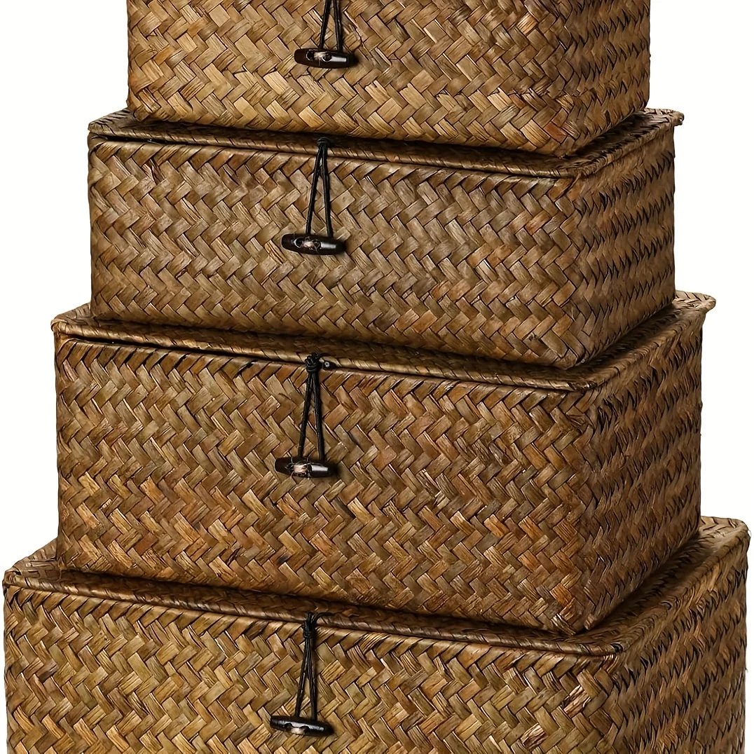 Set of 4 Seagrass Storage Bins with Lid | Wicker Storage Baskets Organizer for Organizing, Woven Bins for home Utility Box for Home Office Supplies, Retro Color, Vintage Style, Material, Rectangle Shape, Clip On Closure, Multipurpose Use
Set of 4 Seagrass Storage Bins with Lid | Wicker Storage Baskets Organizer for Organizing, Woven Bins for home Utility Box for Home Office Supplies, Retro Color, Vintage Style, Material, Rectangle Shape, Clip On Closure, Multipurpose Use