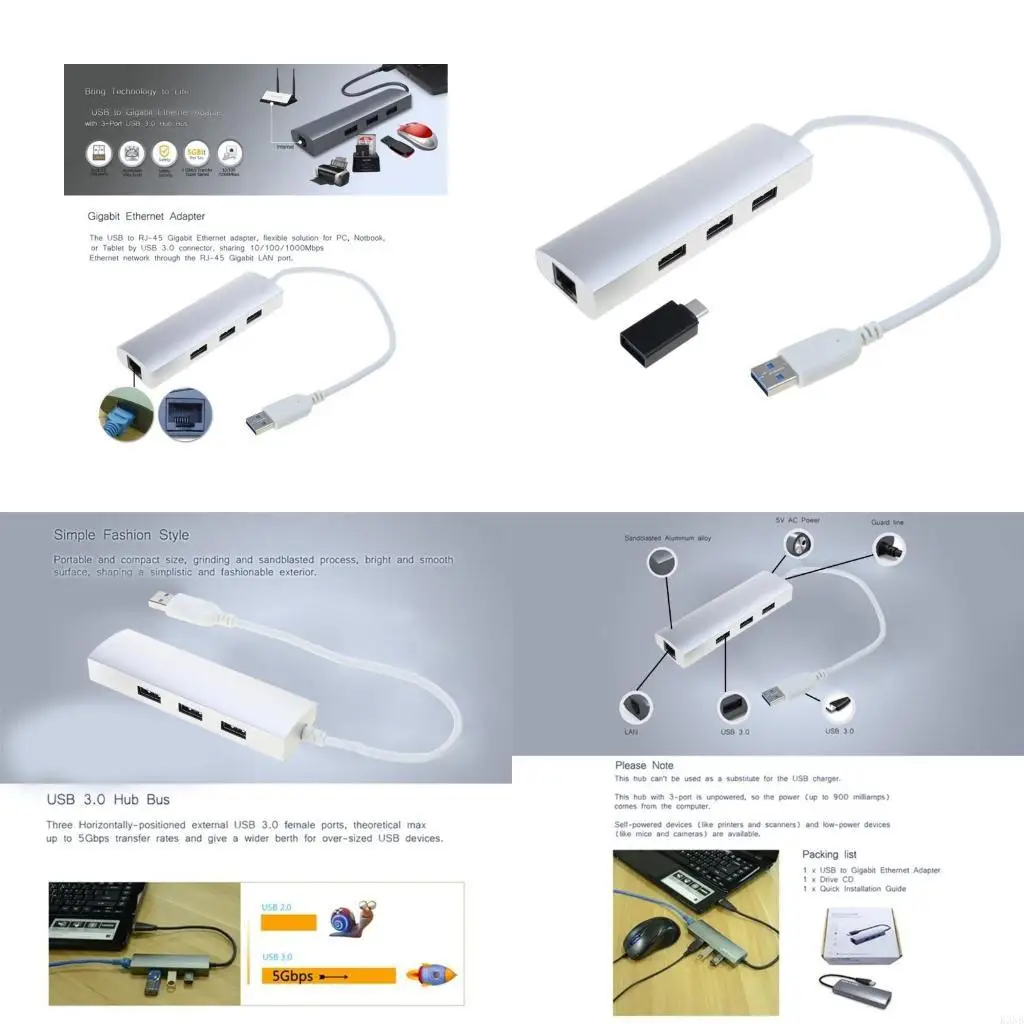K3NB 3 Port USB3.0 Hub with 1 Gigabits Ethernet Port Laptops Networking Adapters
K3NB 3 Port USB3.0 Hub with 1 Gigabits Ethernet Port Laptops Networking Adapters