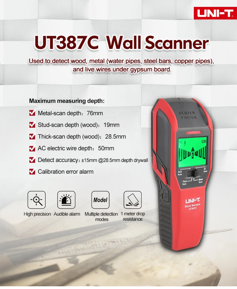 UNI-T UT387C Wall Scanner Metal Detector 4 in 1 AC Voltage Live Wire Wood Stud Finder Copper LCD HD Display Buzzer Calibration
UNI-T UT387C Wall Scanner Metal Detector 4 in 1 AC Voltage Live Wire Wood Stud Finder Copper LCD HD Display Buzzer Calibration