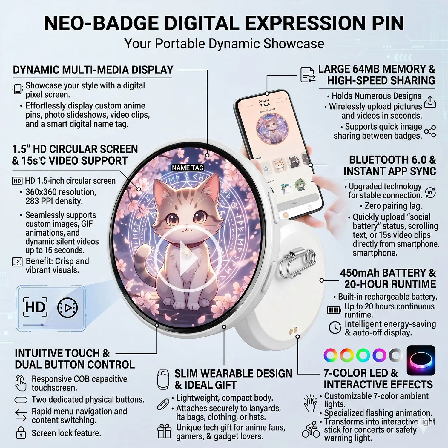 For E-Badge HD Dynamic Display Smart Pin For E-Badge Bluetooth Anime Digital Pin with App Control for Photos & Animations
For E-Badge HD Dynamic Display Smart Pin For E-Badge Bluetooth Anime Digital Pin with App Control for Photos & Animations