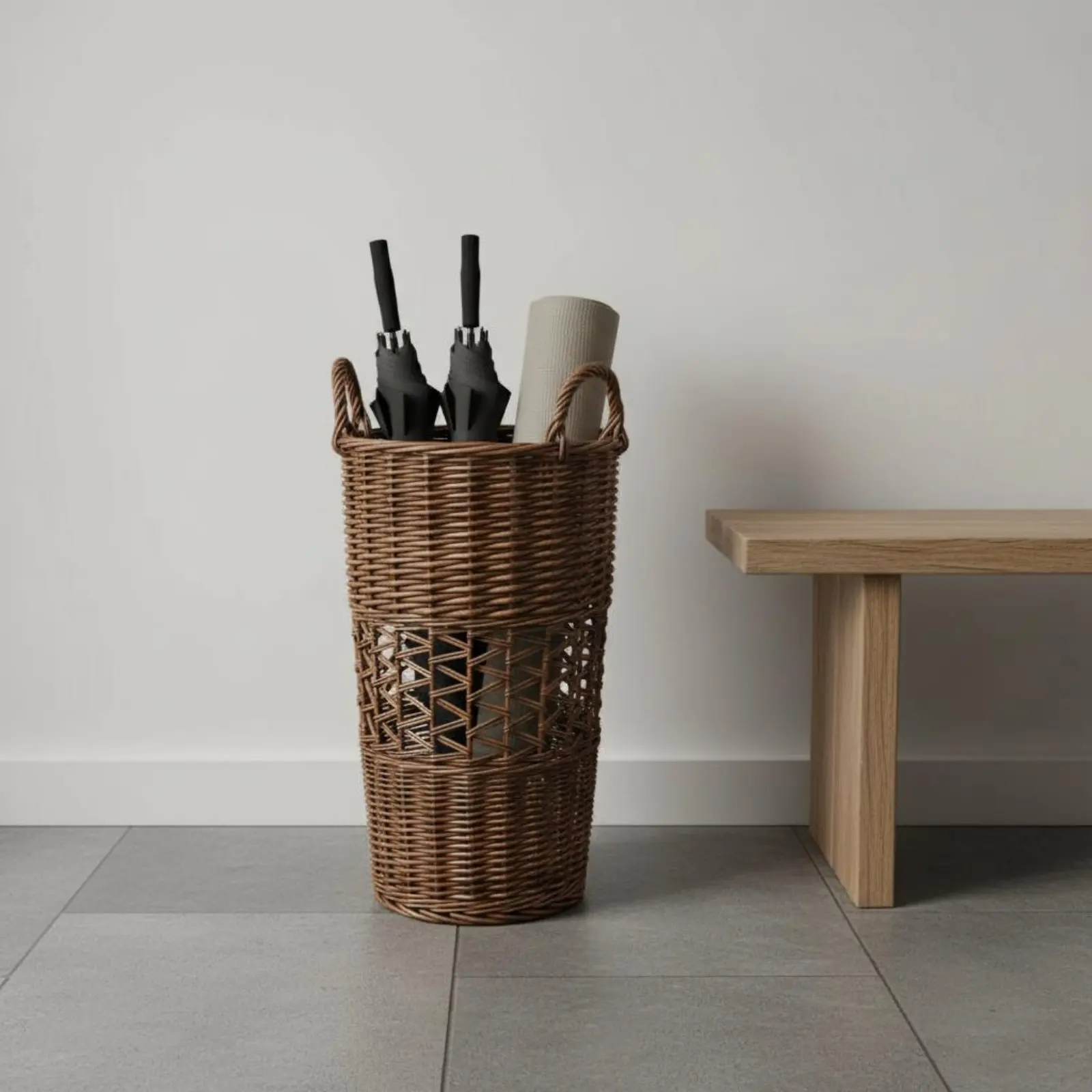 Tall Wicker Basket Crosshatch Band Handwoven Basket Brown Built-in Handles
Tall Wicker Basket Crosshatch Band Handwoven Basket Brown Built-in Handles