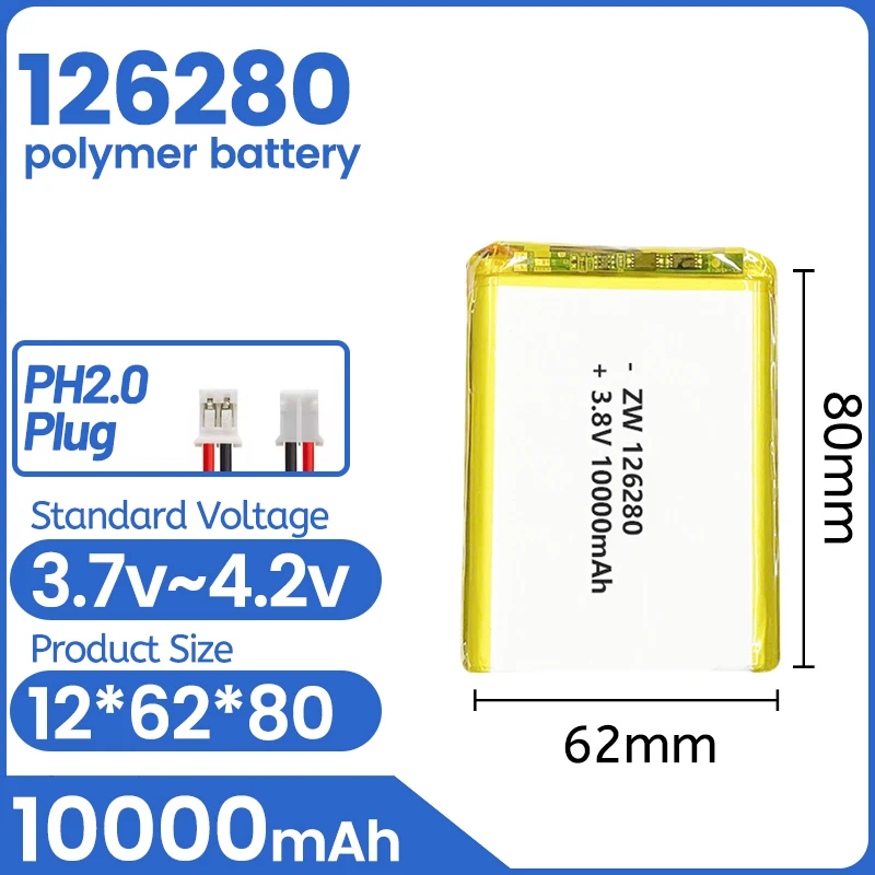 3.8V 10000mAh 126280 polymer lithium battery For mobile power bank outdoor audio system LED light Fast charger Commercial
3.8V 10000mAh 126280 polymer lithium battery For mobile power bank outdoor audio system LED light Fast charger Commercial