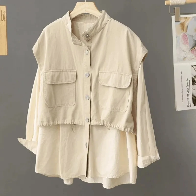 Design Sense Vest Stitching Fake Two-Piece Long-Sleeved Shirt Women's Spring And autumn Chic Single-Reasted Pocket Fashion Top
Design Sense Vest Stitching Fake Two-Piece Long-Sleeved Shirt Women's Spring And autumn Chic Single-Reasted Pocket Fashion Top