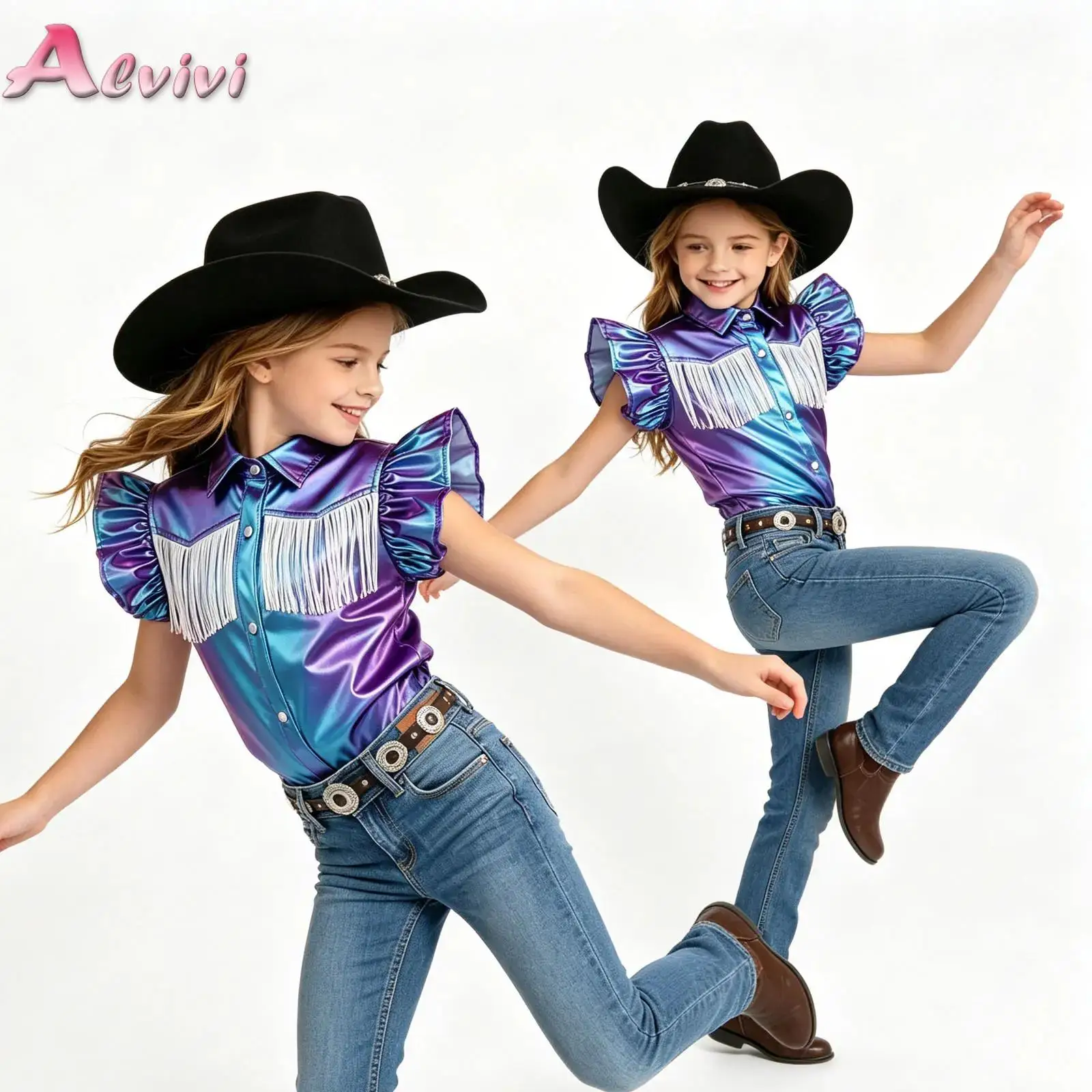 Big Girls Western Cowgirl Metallic Shirt Turn-down Collar Ruffled Sleeves Press Buttons Tassel Tops for Theme Party Dress-up
Big Girls Western Cowgirl Metallic Shirt Turn-down Collar Ruffled Sleeves Press Buttons Tassel Tops for Theme Party Dress-up