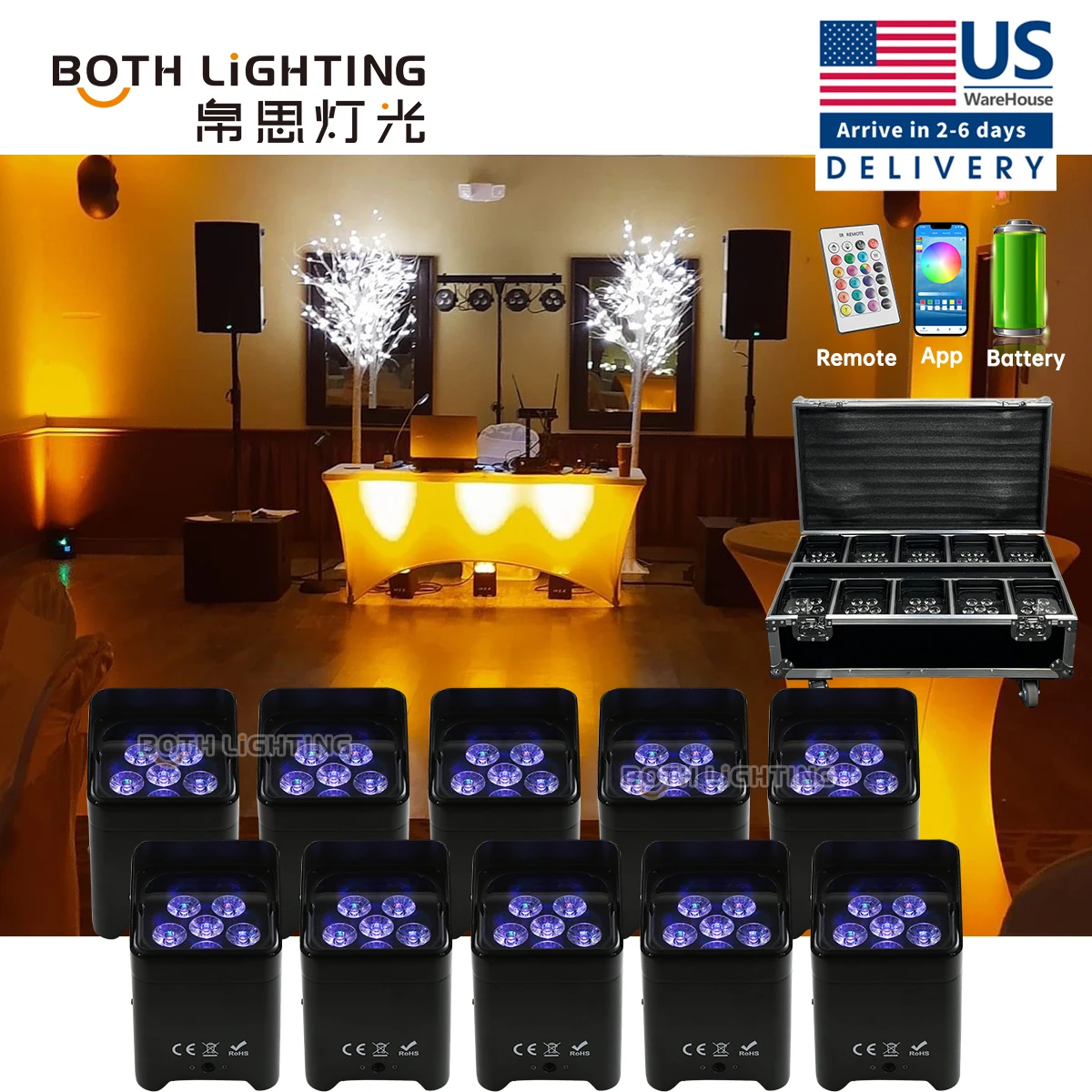 US warehouse BothLighting 10pcs Smart DJ S6 6x18w Wireless DMX RGBWA UV Uplights Battery Operated LED Wedding DJ Uplight Light
US warehouse BothLighting 10pcs Smart DJ S6 6x18w Wireless DMX RGBWA UV Uplights Battery Operated LED Wedding DJ Uplight Light