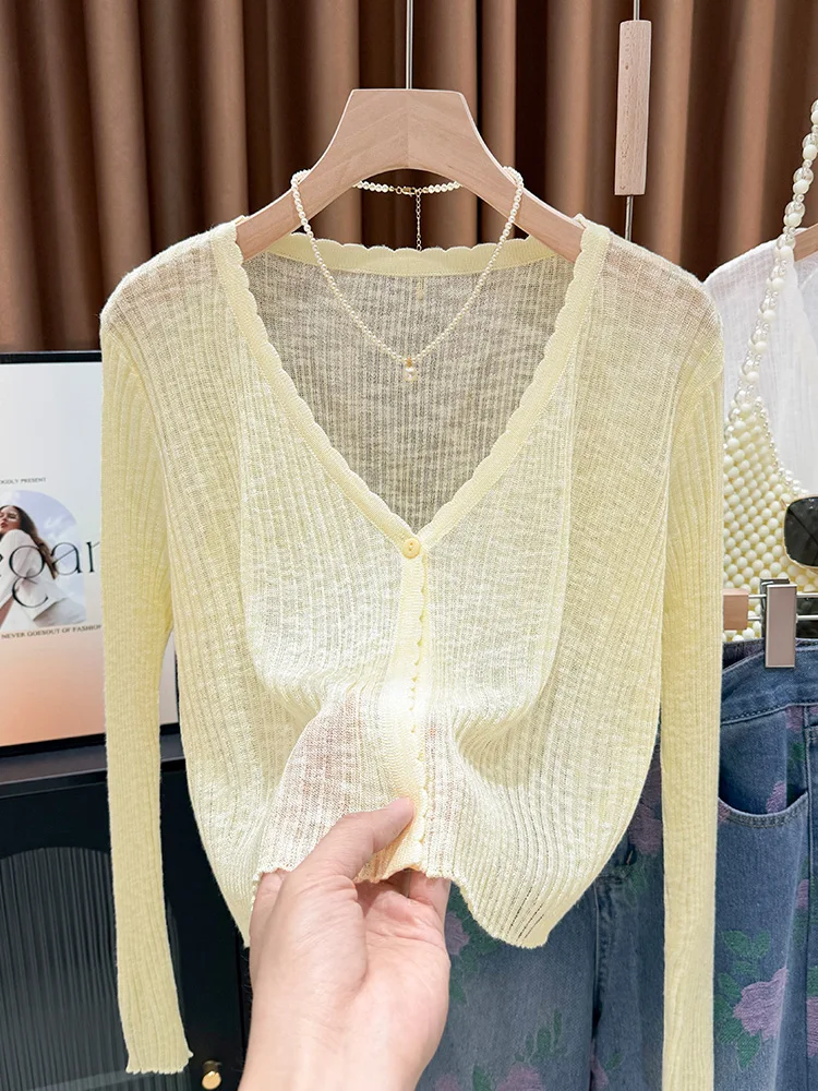 Yellow Sun Protection awl Women Summer Ice Silk Knitted Open Cardigan Strap V-ne Cover up One Button Lace Trim Cardigan
Yellow Sun Protection awl Women Summer Ice Silk Knitted Open Cardigan Strap V-ne Cover up One Button Lace Trim Cardigan