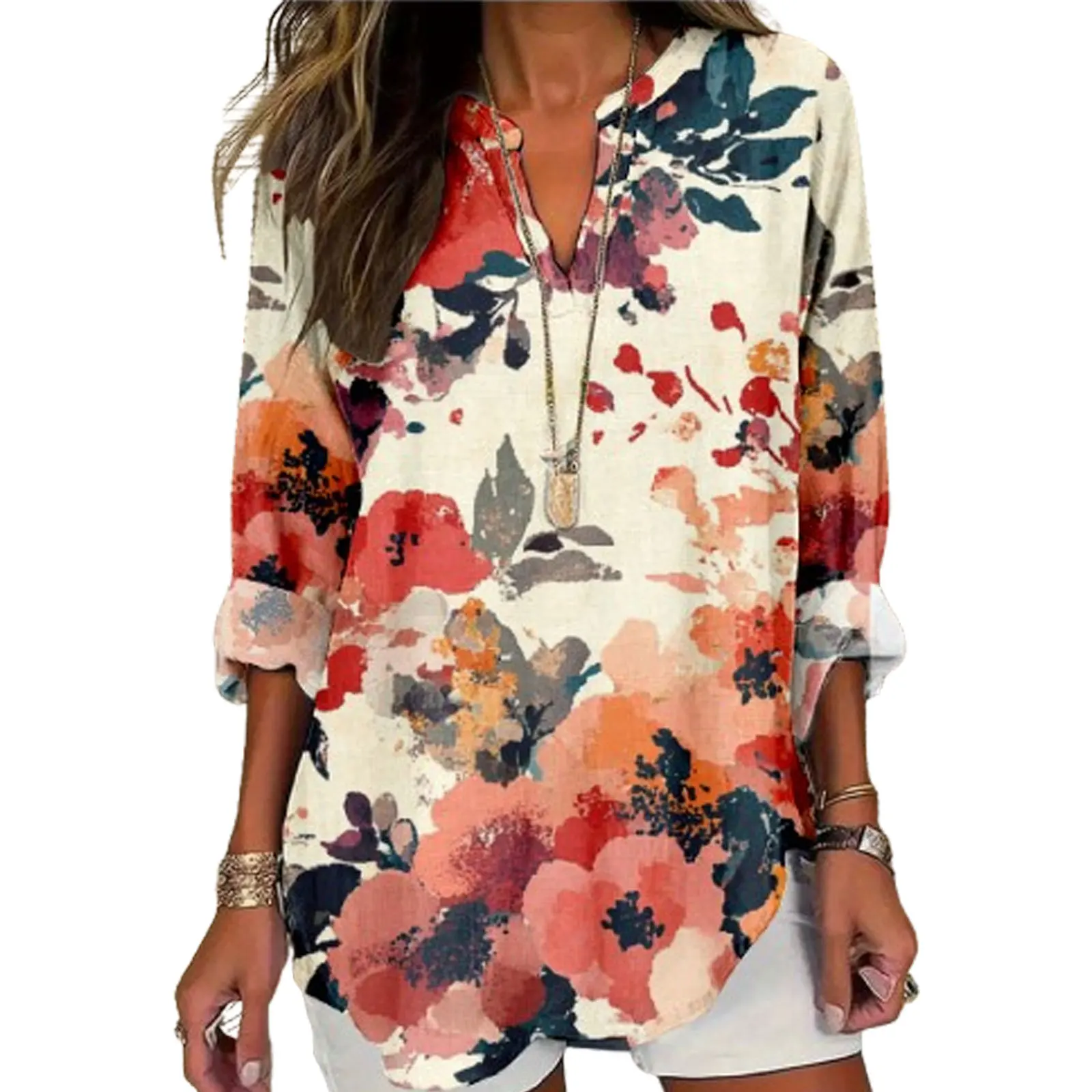 Льняная рубашка в стиле бохо с цветочным принтом для женщин, блузка с v-образным вырезом и длинными рукавами, винтажная повседневная свободная посадка с принтом, осенние топы-туники 
Льняная рубашка в стиле бохо с цветочным принтом для женщин, блузка с v-образным вырезом и длинными рукавами, винтажная повседневная свободная посадка с принтом, осенние топы-туники
