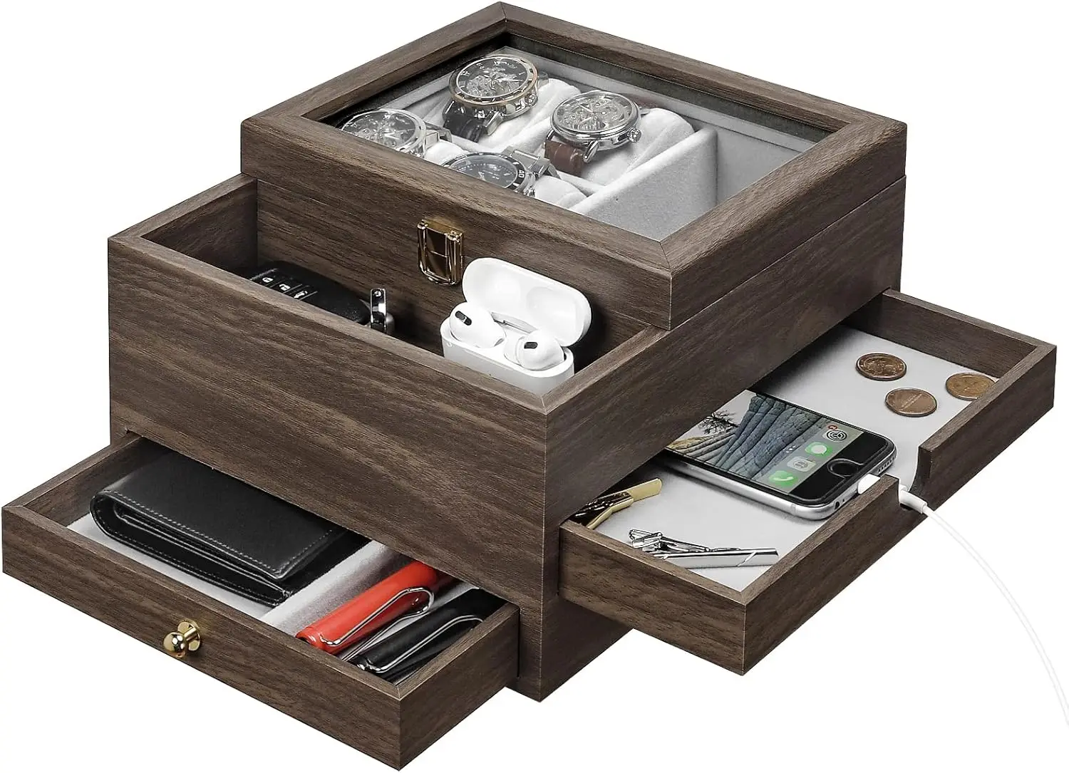 Watch Box for Men Jewelry Organizer with Real Glass Watch Case for Ring, Bracelet, Watch, Necklace, Earrings, and Accessories
Watch Box for Men Jewelry Organizer with Real Glass Watch Case for Ring, Bracelet, Watch, Necklace, Earrings, and Accessories