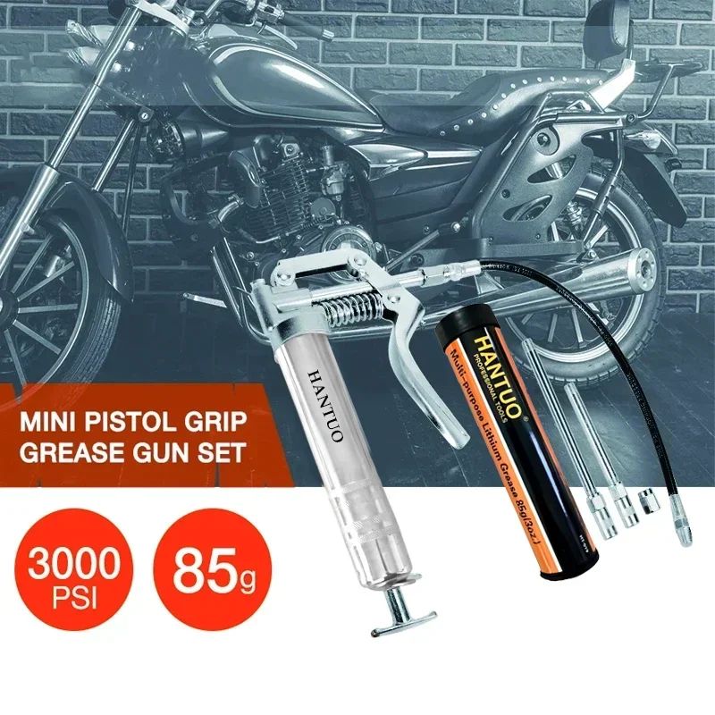 Grease Gun 3000 PSI Pistol Grip 3 oz Load 18Inch Spring Flex Hose 2Grease Couplers 2Extension Rigid Pipes and 1Sharp Type Nozzle
Grease Gun 3000 PSI Pistol Grip 3 oz Load 18Inch Spring Flex Hose 2Grease Couplers 2Extension Rigid Pipes and 1Sharp Type Nozzle