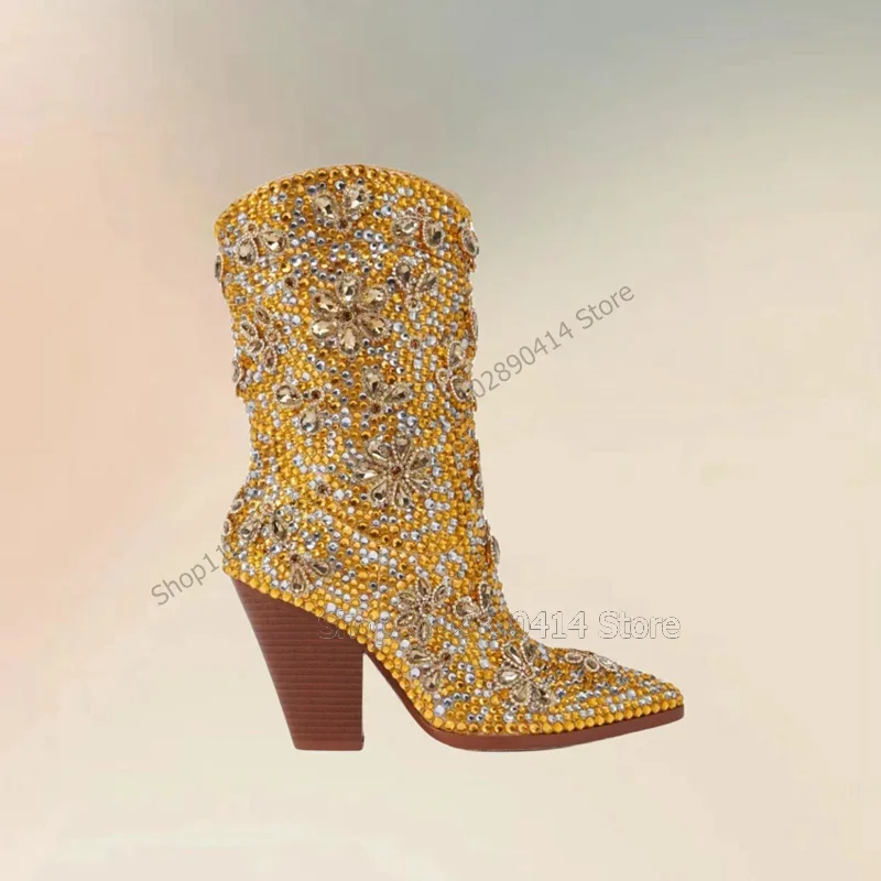 Gold Rhinestone Crystal Flower Pointed Toe Boots Slip On Women Shoes Chunky High Heels Fashion Banquet 2025 Zapatos Para Mujere
Gold Rhinestone Crystal Flower Pointed Toe Boots Slip On Women Shoes Chunky High Heels Fashion Banquet 2025 Zapatos Para Mujere