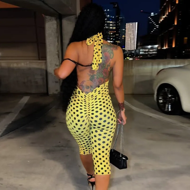 Backless Polka Dots Print Ruched Peach Hip Skinny Calf Length Jumpsuits Women Turtleneck Sleeveless Lace Up Slim Capris Overalls
Backless Polka Dots Print Ruched Peach Hip Skinny Calf Length Jumpsuits Women Turtleneck Sleeveless Lace Up Slim Capris Overalls