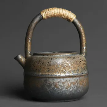 460ml Japanese-style kiln changed retro stoneware large-sized handle teapot handmade pottery kung fu wide-mouth warm tea kettle