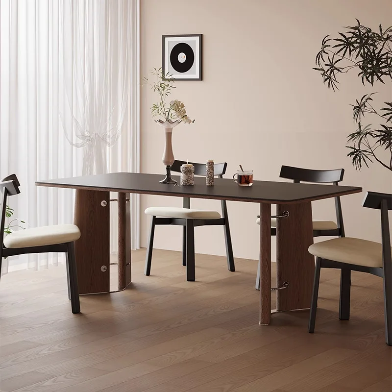 French retro solid wood rock slab rectangular dining table and chair combination household black walnut stainless steel legs
French retro solid wood rock slab rectangular dining table and chair combination household black walnut stainless steel legs
