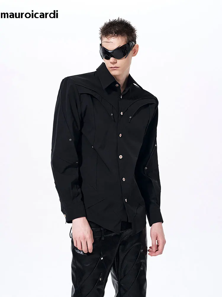 Mauroicardi Spring Autumn Short Black Shirt Men Rivet Deconstructed Luxury Mens Designer Emo Clothes High Quality Runway Fashion
Mauroicardi Spring Autumn Short Black Shirt Men Rivet Deconstructed Luxury Mens Designer Emo Clothes High Quality Runway Fashion