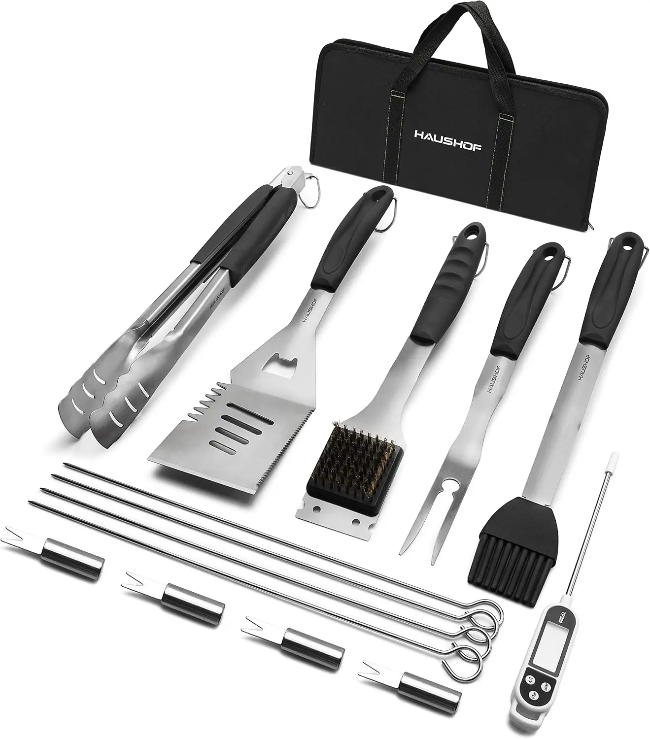15PCS Heavy Duty Stainless Steel BBQ Grill Set with 16.5" Spatula, Tongs, Fork, Brush, Skewers, Thermometer & Bag
15PCS Heavy Duty Stainless Steel BBQ Grill Set with 16.5" Spatula, Tongs, Fork, Brush, Skewers, Thermometer & Bag