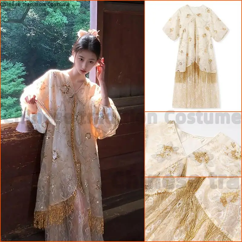 Chinese Style Tang Clothes Dress Lace Beaded Embroidery Tassel Casual Women Hanfu Vintage V Collar Elegant Ethnic Costume
Chinese Style Tang Clothes Dress Lace Beaded Embroidery Tassel Casual Women Hanfu Vintage V Collar Elegant Ethnic Costume