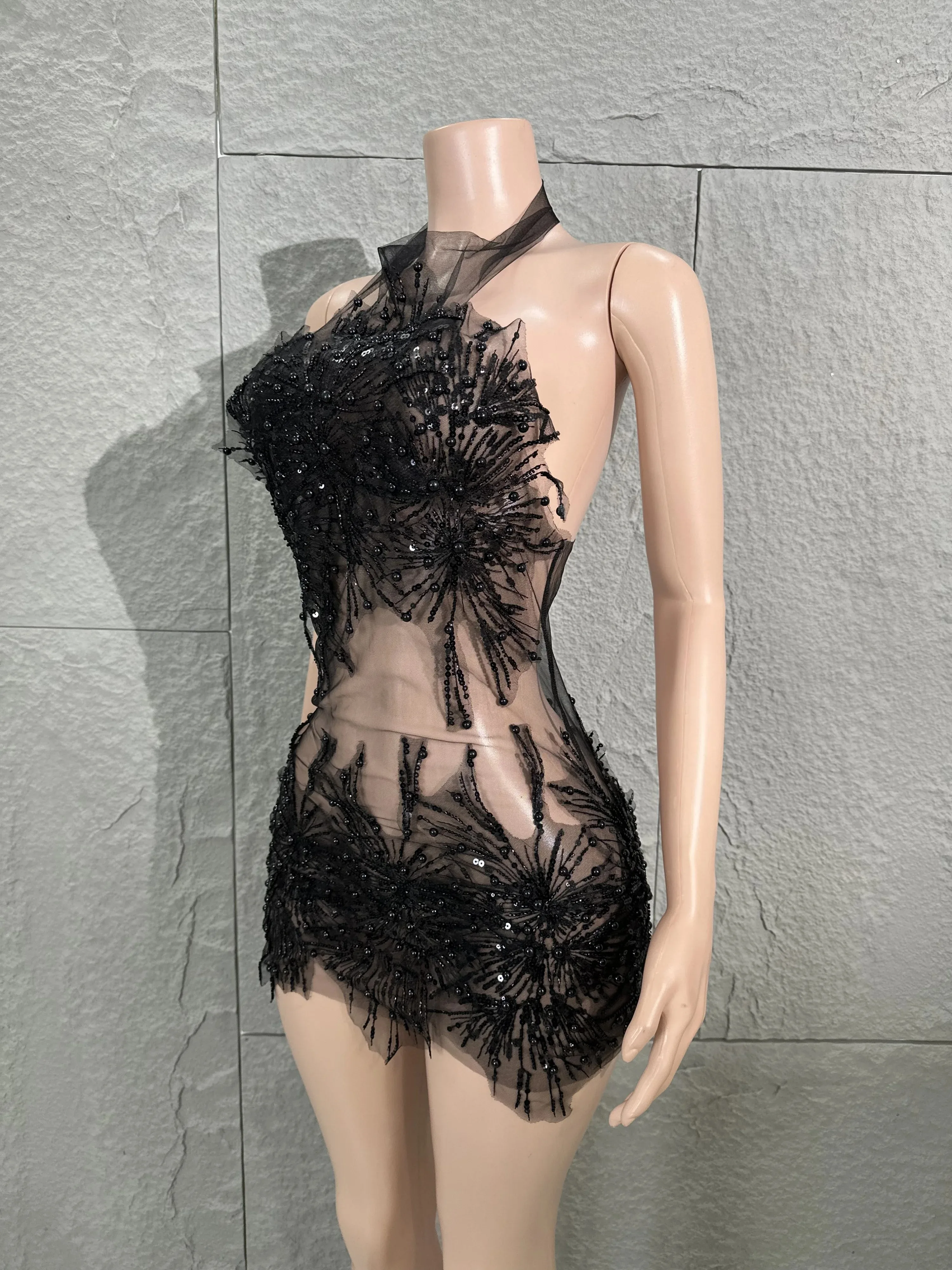 Singer Bar Nightclub Cocktail Party Clothing Opulent Sexy Sheer Transparent Pearl Sequin Neckline Open Back Mini Dress
Singer Bar Nightclub Cocktail Party Clothing Opulent Sexy Sheer Transparent Pearl Sequin Neckline Open Back Mini Dress