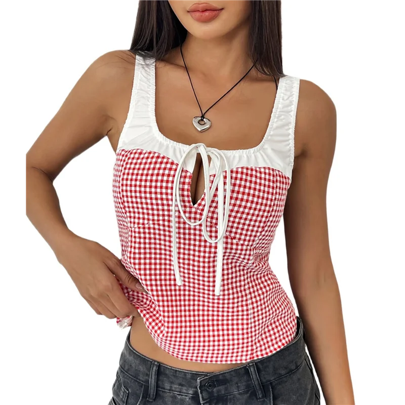 Women's Gingham Tank Top Square Neck With Contrast Trim Tie Front Sleeveless Blouse Slim Fit Summer Top
Women's Gingham Tank Top Square Neck With Contrast Trim Tie Front Sleeveless Blouse Slim Fit Summer Top