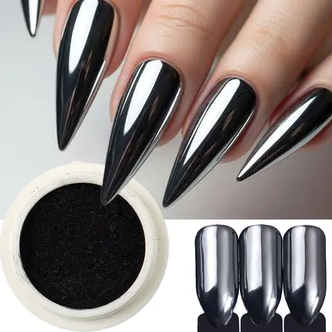 1 Box Chrome Black Nail Powder Metallic Rubbing Powder Pigment Magic Mirror Nail Glitter Charms Y2K Nail Art Decoration Manicure