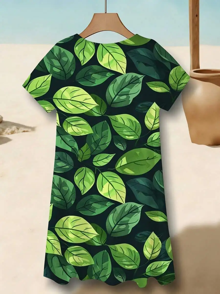Womens Casual Green Leaf Print Short Sleeve Crew Neck Dress For Leisure Sports
Womens Casual Green Leaf Print Short Sleeve Crew Neck Dress For Leisure Sports
