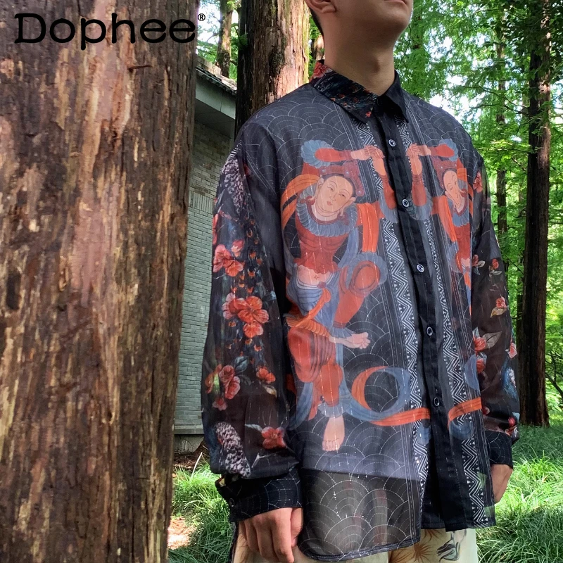 Men's 2025 Summer Original New Chinese Shirts Printed Transparent Thin Mesh Gauze Shirt Male Personalized Long Sleeve Chic Tops
Men's 2025 Summer Original New Chinese Shirts Printed Transparent Thin Mesh Gauze Shirt Male Personalized Long Sleeve Chic Tops