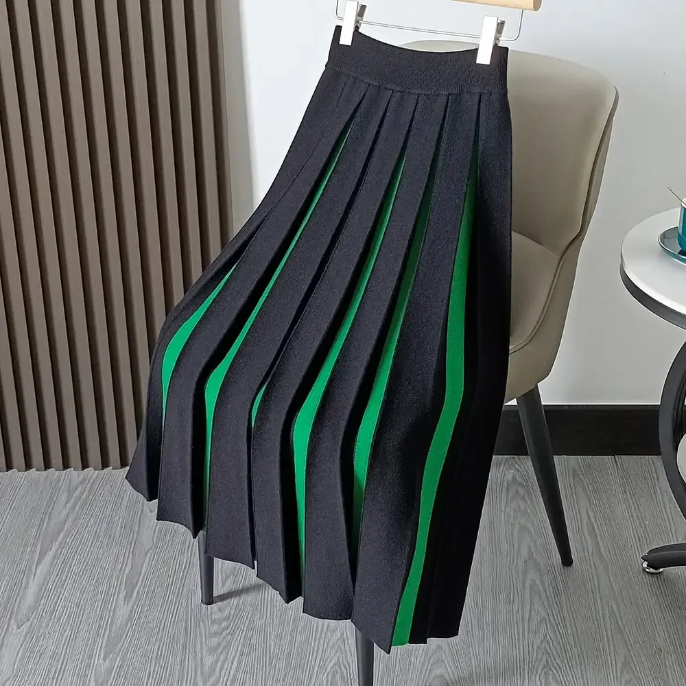 Autumn Winter Vertical Striped A-line Long Pleated Knit Skirt Color Blocks Patchwork Thickened Knitted Skirt
Autumn Winter Vertical Striped A-line Long Pleated Knit Skirt Color Blocks Patchwork Thickened Knitted Skirt