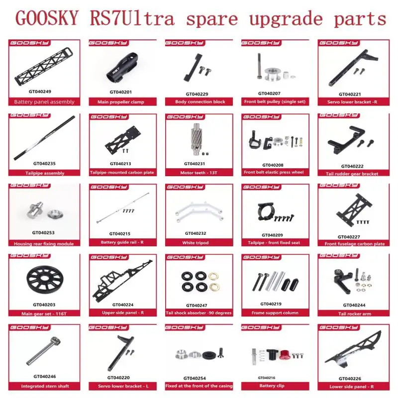 Запчасти для радиоуправляемого вертолета GOOSKY RS7Ultra: мотор, шестерня, боковая пластина, кронштейн сервопривода, хвостовая труба, крепление аккумулятора, хвостовая стрела
Запчасти для радиоуправляемого вертолета GOOSKY RS7Ultra: мотор, шестерня, боковая пластина, кронштейн сервопривода, хвостовая труба, крепление аккумулятора, хвостовая стрела