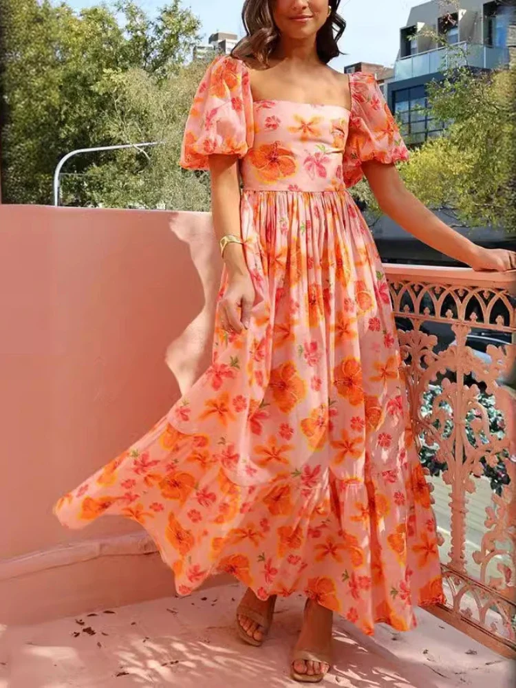 Orange Maxi Dress for Women Short Puff Sleeves High Waist Beach Holiday Midi Skirt Square Collar Printing Female Long Dresses
Orange Maxi Dress for Women Short Puff Sleeves High Waist Beach Holiday Midi Skirt Square Collar Printing Female Long Dresses