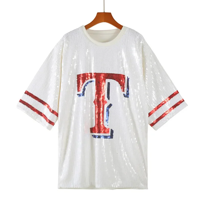 New Spring Summer Fashion Sequin Women Short Sleeved T-shirt Simple Round Neck Team Female Top HotSale
New Spring Summer Fashion Sequin Women Short Sleeved T-shirt Simple Round Neck Team Female Top HotSale