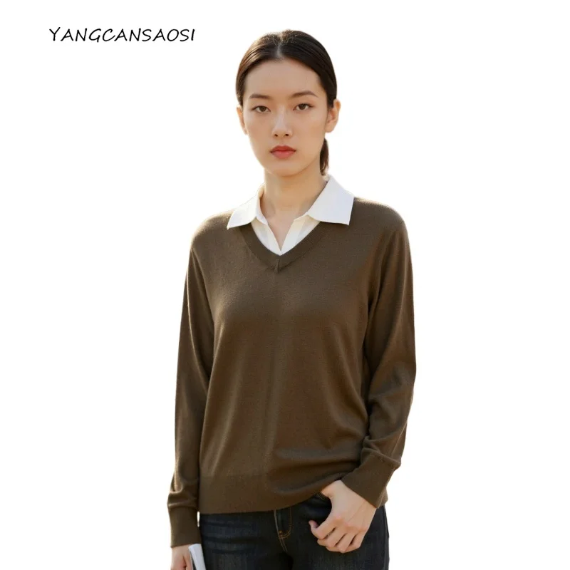 2025 Women's Early Autumn Sweater Fake Two-piece Lapel Long Sleeved 100% Wool Lazy Style Loose Solid Knitted Bottoming Shirt
2025 Women's Early Autumn Sweater Fake Two-piece Lapel Long Sleeved 100% Wool Lazy Style Loose Solid Knitted Bottoming Shirt
