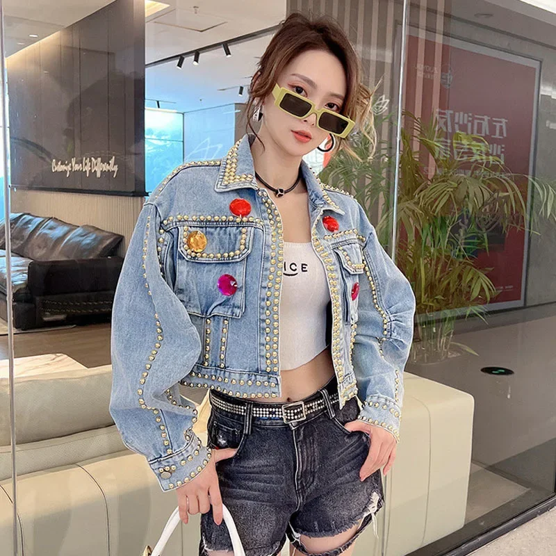 Blue Short Denim Cardigan Jacket Spring Women Heavy Work Rivet Diamond Big Pocket Loose Lapel Long Sleeve Female Jeans Jackets
Blue Short Denim Cardigan Jacket Spring Women Heavy Work Rivet Diamond Big Pocket Loose Lapel Long Sleeve Female Jeans Jackets