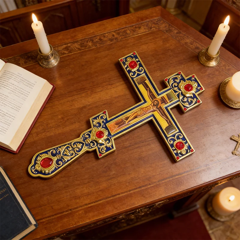 Classic Orthodox Blessing Cross Gold Carved Dark Blue Enamel with Red Gem Inlays for Religious Rituals and Sacred Home Ornament
Classic Orthodox Blessing Cross Gold Carved Dark Blue Enamel with Red Gem Inlays for Religious Rituals and Sacred Home Ornament