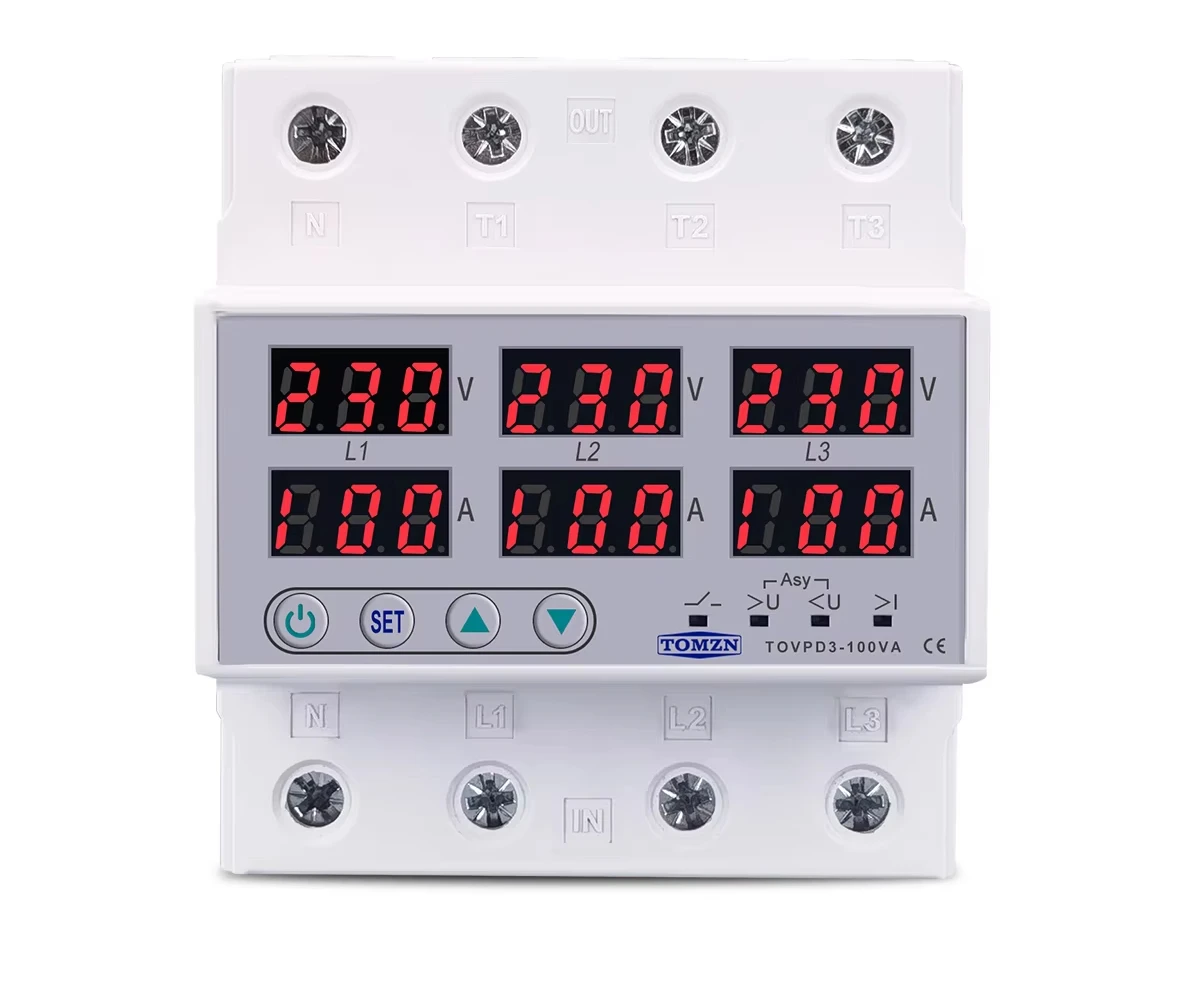 100A 3 Phase Din Rail Voltmeter Ammeter Adjustable Over and Under Voltage Current Limit protection Relays Protector
100A 3 Phase Din Rail Voltmeter Ammeter Adjustable Over and Under Voltage Current Limit protection Relays Protector