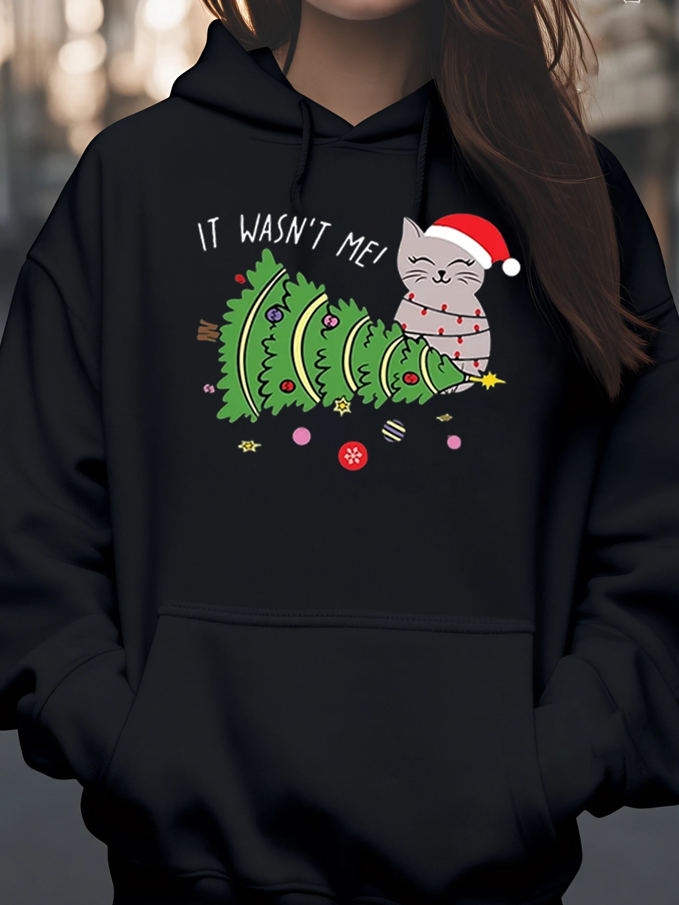 Рождественская елка с котом «Это не меня» Праздничная толстовка с капюшоном Повседневная одежда для женщин
Рождественская елка с котом «Это не меня» Праздничная толстовка с капюшоном Повседневная одежда для женщин
