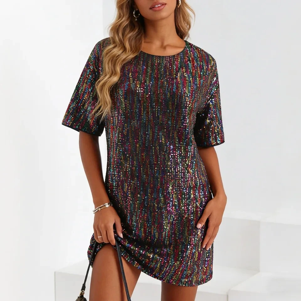 Women's Shiny Sequins T-Shirt Dress Sparkly Short Sleeve Round Neck Night Club Mini Dresses Elegant Party Evening Prom Robe
Women's Shiny Sequins T-Shirt Dress Sparkly Short Sleeve Round Neck Night Club Mini Dresses Elegant Party Evening Prom Robe