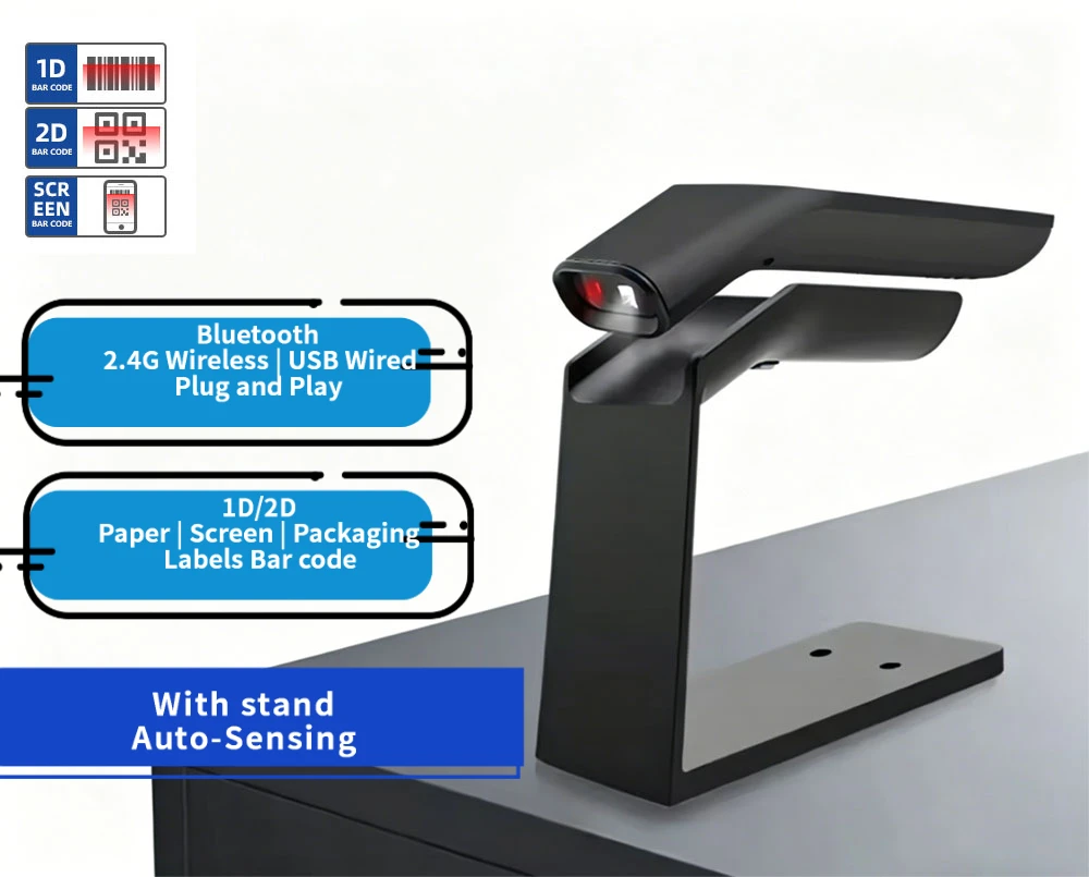 Auto Sensing 1D 2D QR Code Scanner 24G Wireless plus USB Wired with Stable Stand
Auto Sensing 1D 2D QR Code Scanner 24G Wireless plus USB Wired with Stable Stand