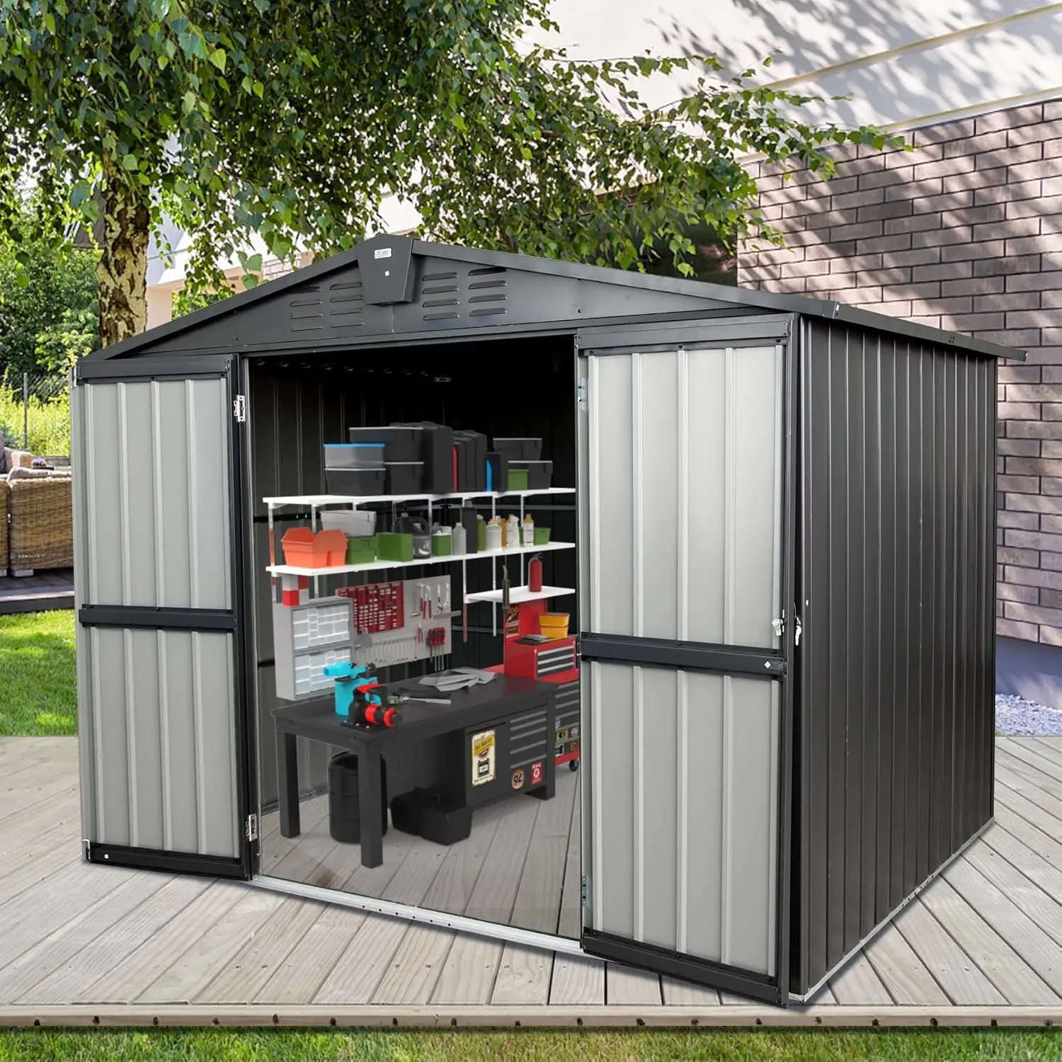 Outdoor Metal Storage Shed 8.2x6.2ft Lockable Double Doors Air Vent Backyard Garden Patio, Customized
Outdoor Metal Storage Shed 8.2x6.2ft Lockable Double Doors Air Vent Backyard Garden Patio, Customized