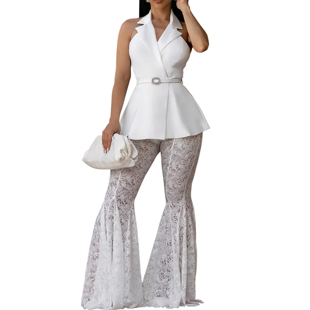 Sleeveless Backless Blazer Sexy Lace Flare Pants Two Piece Set Women Formal Party Outfit
Sleeveless Backless Blazer Sexy Lace Flare Pants Two Piece Set Women Formal Party Outfit