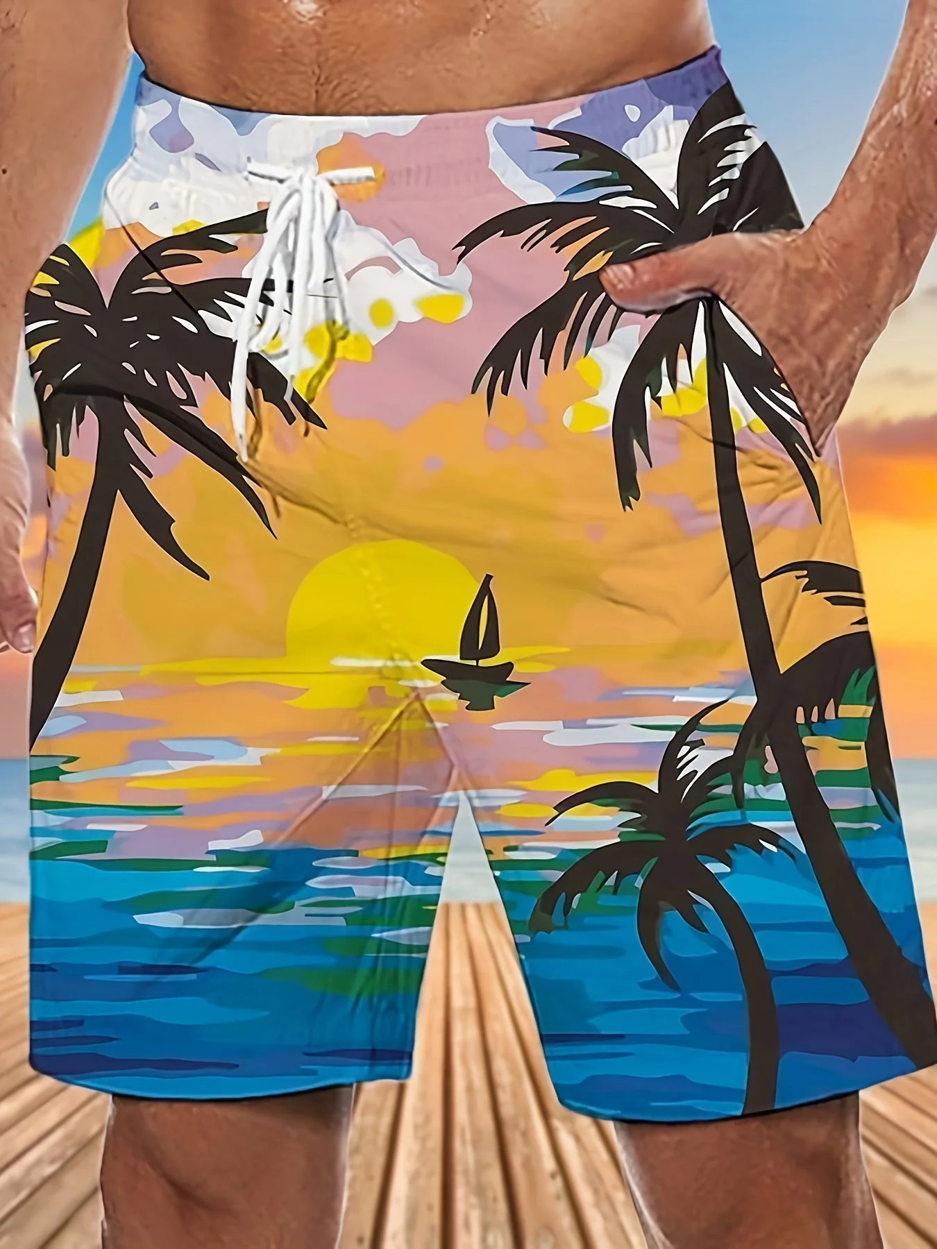 Summer Quick Dry Men Swim Trunks, Sunset Coastal Palm & Sailboat Printed Drawstring Surf Pants with Pockets
Summer Quick Dry Men Swim Trunks, Sunset Coastal Palm & Sailboat Printed Drawstring Surf Pants with Pockets