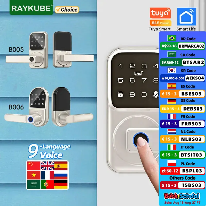 RAYKUBE Tuya BLE Интеллектуальный электронный засов с отпечатками пальцев и 9-язычным голосовым дверным звонком, управление через приложение, разблокировка B005/B006
RAYKUBE Tuya BLE Интеллектуальный электронный засов с отпечатками пальцев и 9-язычным голосовым дверным звонком, управление через приложение, разблокировка B005/B006