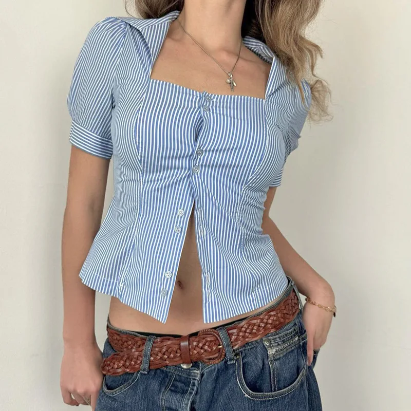 Casual Blue Striped Square Neck Slimming Shirts Women‘s Puff Short Sleeve With Breasted Blouse Summer All Match Tops
Casual Blue Striped Square Neck Slimming Shirts Women‘s Puff Short Sleeve With Breasted Blouse Summer All Match Tops
