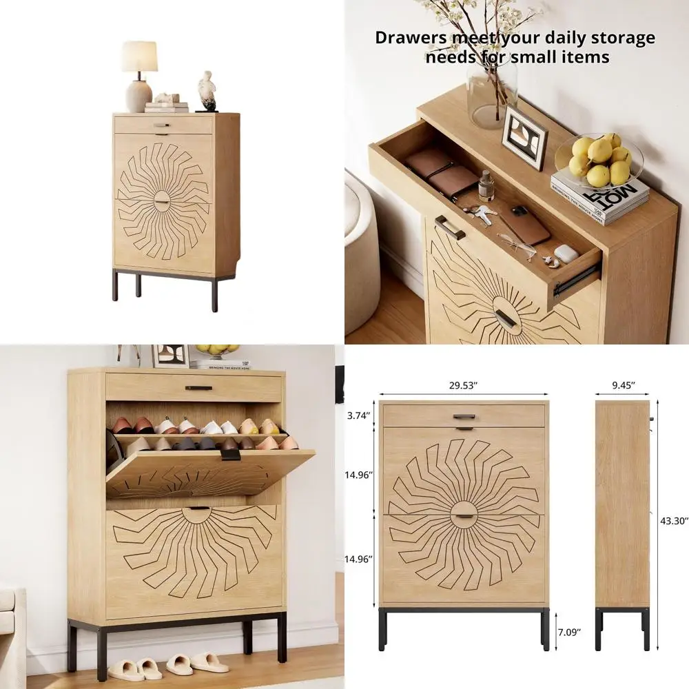 Freestanding Flip Drawer Shoe Cabinet with Carved Sunflower Design for Entryway, Hallway, Living Room
Freestanding Flip Drawer Shoe Cabinet with Carved Sunflower Design for Entryway, Hallway, Living Room